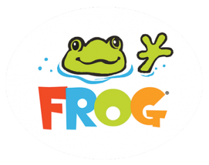 A FROG reaching out of the water with the word FROG below it in bright colors