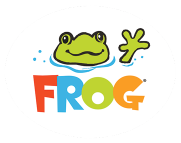 A FROG reaching out of the water with the word FROG below it in bright colors