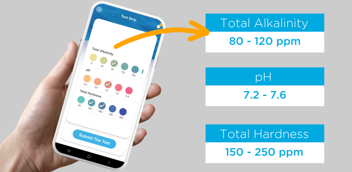 A graphic of a hand holding a phone on the test strip page of the FROG Water Care App. To the right there are three boxes stating the ideal levels for hot tubs: Total Alkalinity at 80-20 ppm, pH at 7.2-7.8 and Total Hardness at 150-250 ppm.