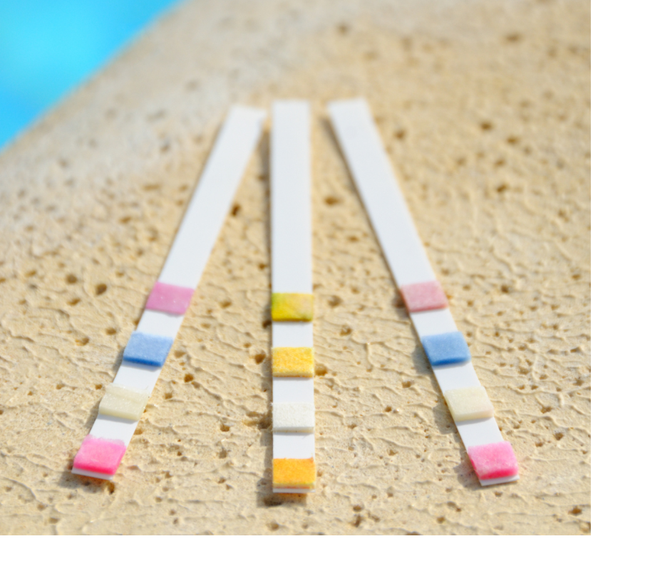 Three Test Strips sitting on the edge of the pool outside