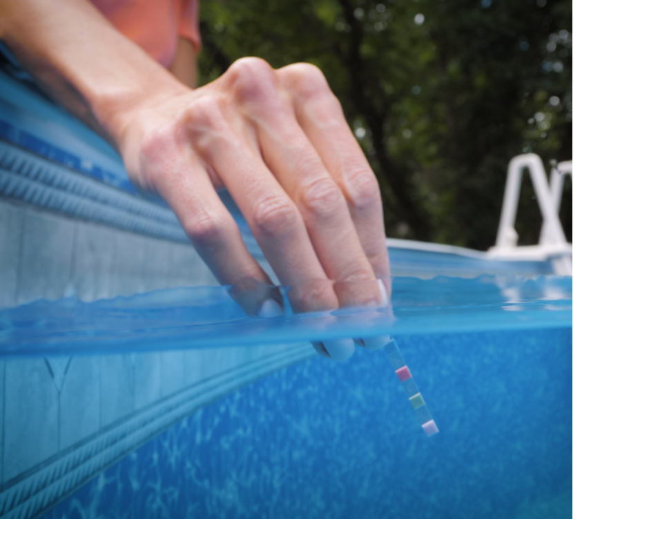 A man's hand dipping a FROG Test Strip into the water of an above ground pool