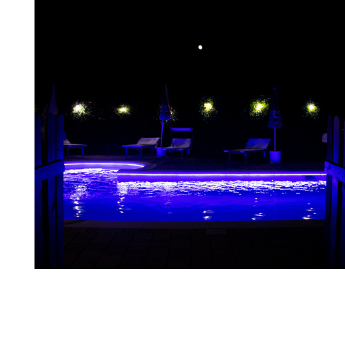 Outdoor pool lit up at night by various lights both purple and warm white.