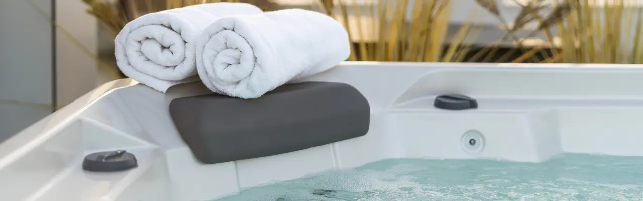 A closeup shot of an outdoor hot tub and its pillows. A pair of towels sit on the edge of the hot tub rolled up